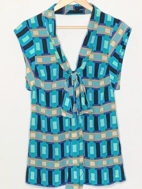 Tracy Reese Silk Geometric Blouse Low Back Tie XS Blue